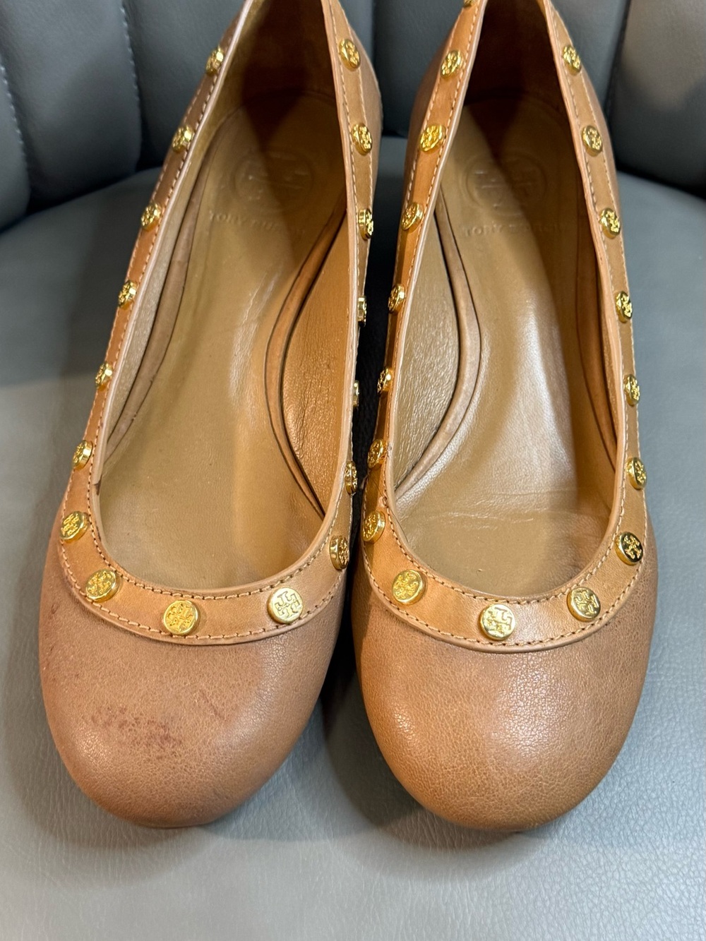 Tory Burch Cognac Leather Studded Ballet Flats